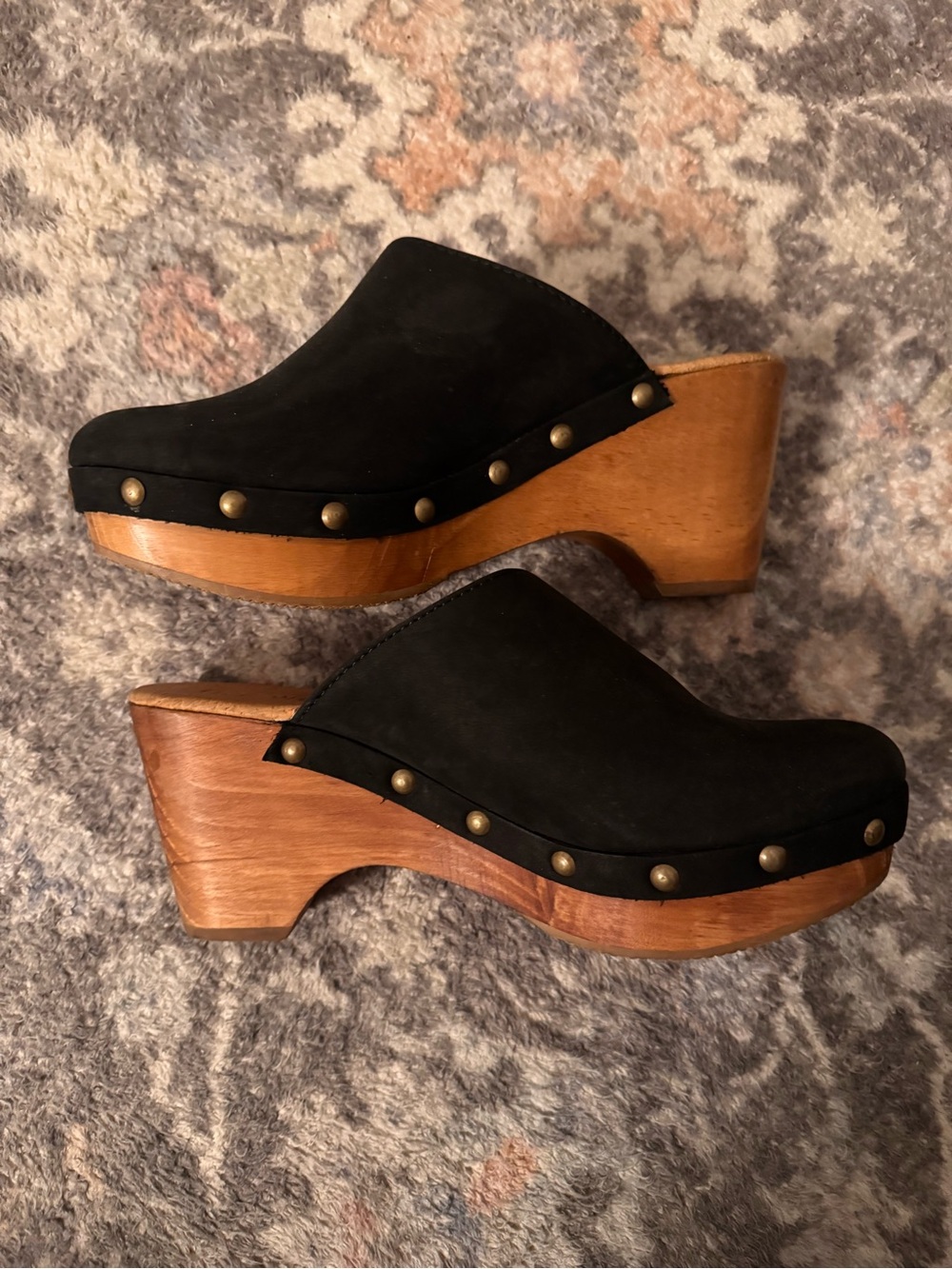 Black Suede Wooden Clog Mules with Stud Detail